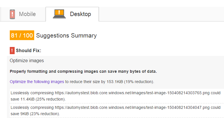 Before: PageSpeed is sad about image sizes