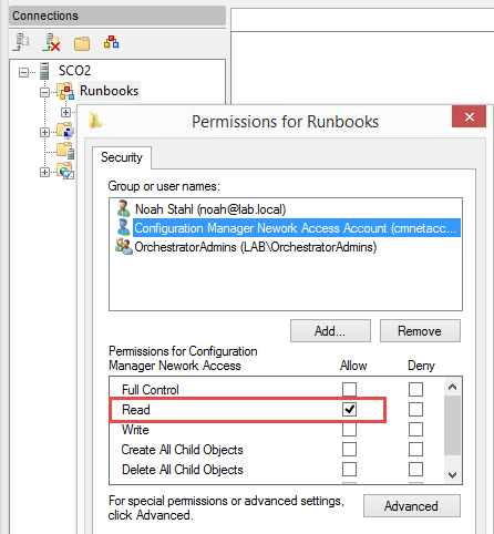 Granting the task sequence client access to execute runbooks in Orchestrator