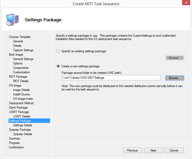 Creating MDT settings package using wizard