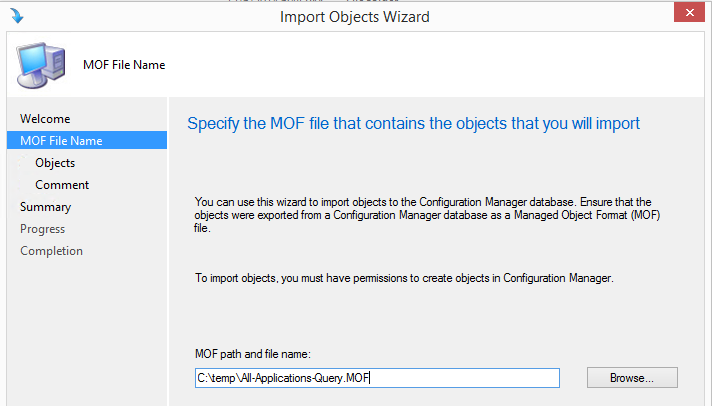 Importing query MOF file into Configuration Manager