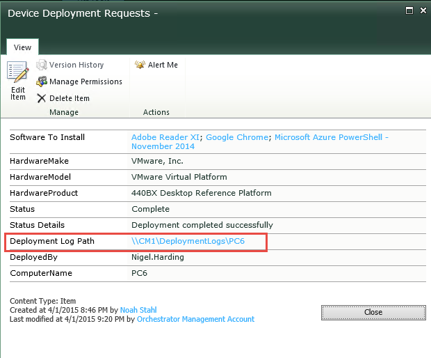 Deployment results populated into the original request, including SLShare path to logs