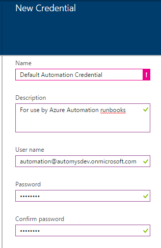 Create new Azure Automation credential asset