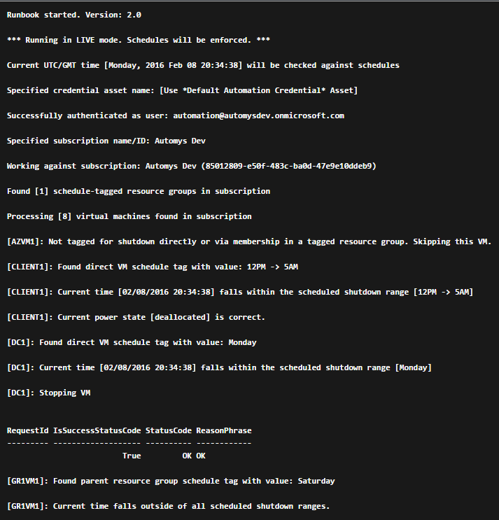 Scheduled startup/shutdown runbook output example