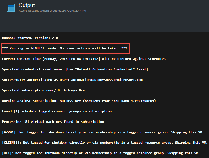 Testing runbook in Simulate mode