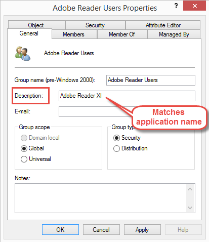 Active Directory group description matches ConfigMgr application name