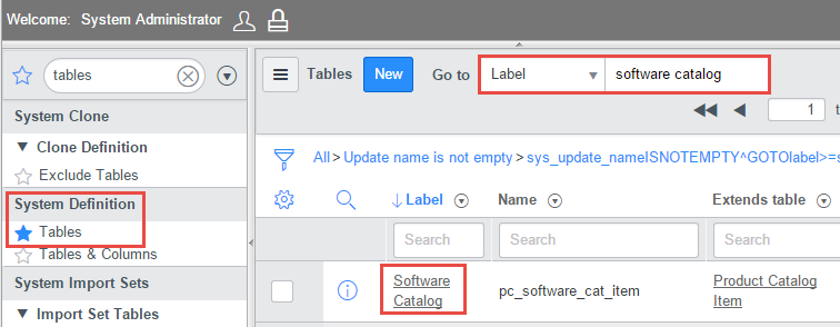 Find the Software Catalog table to customize