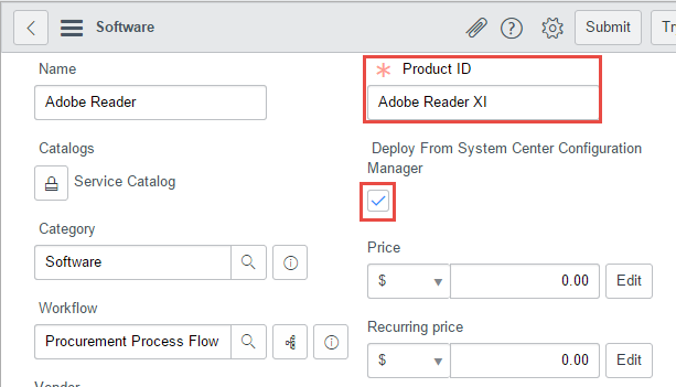 Configure software item to match name of Configuration Manager application, and enable deployment checkbox