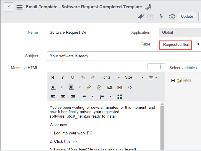 Create ServiceNow email template