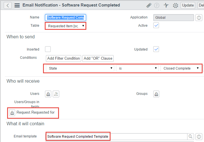 Configure ServiceNow email notification for completed software requests