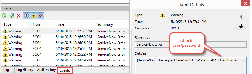 Event is logged when ServiceNow connection fails from Orchestrator