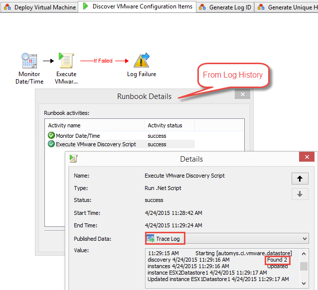 VMware discovery runbook reports progress in Trace Log