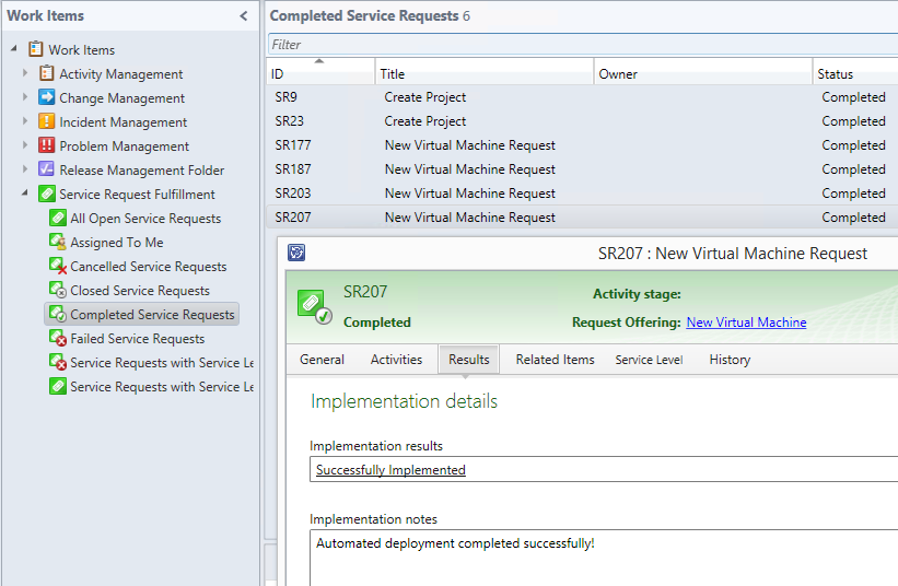 Service Request updated with results of deployment