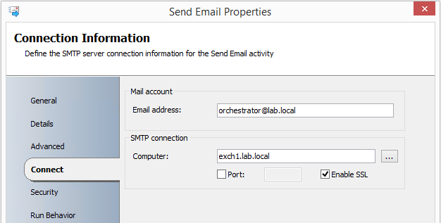 Send Email activity connection details example