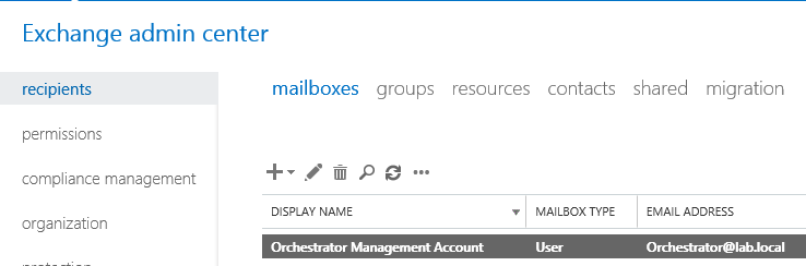 Exchange mailbox for Orchestrator runbook service