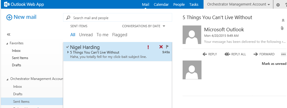 Sent email stored in Orchestrator's Exchange mailbox