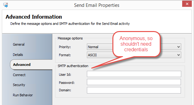 Anonymous configuration for Send Email activity